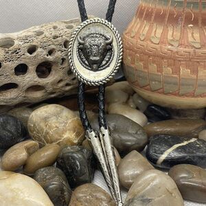3D CONCHO BUFFALO Native style Leather Bolo Tie Necklace Western Southwest black